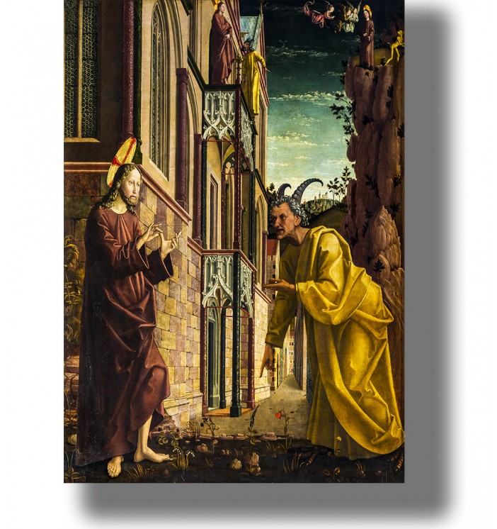 Medieval painting of Christ confronting the horned Devil beside a Gothic building in a biblical scene.