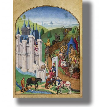 Medieval manuscript illustration showing knights and soldiers gathered outside a fortified castle.