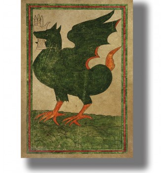 Medieval manuscript-style dragon artwork with a green creature standing on grass and biting a hand