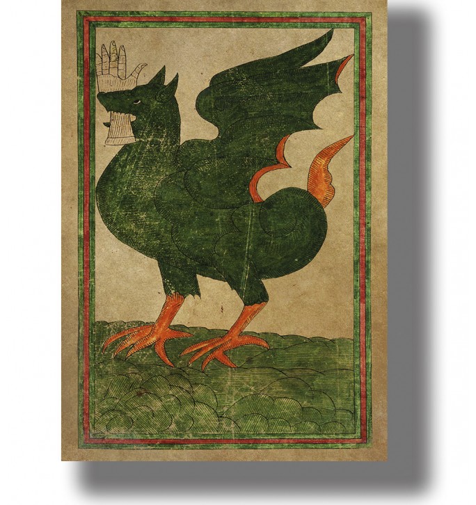 Medieval manuscript-style dragon artwork with a green creature standing on grass and biting a hand