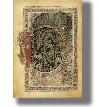 Old religious illustration of an archangel locking the mouth of hell filled with demons and sinners.