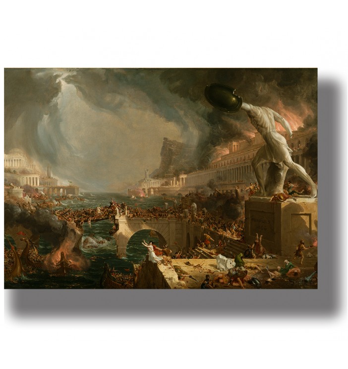 painting showing a city being destroyed by fire and war, with people fleeing across a bridge and a large statue above the scene.