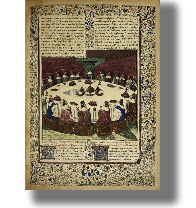 Medieval manuscript illustration of King Arthur’s Round Table feast, surrounded by ornate floral borders and handwritten text.