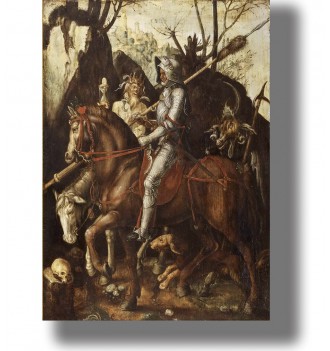 Dark classical painting by Cornelis Van Dalem showing a knight on horseback with death and a demonic figure.