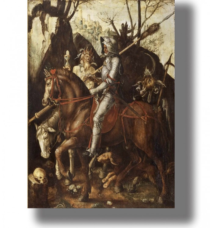 Dark classical painting by Cornelis Van Dalem showing a knight on horseback with death and a demonic figure.
