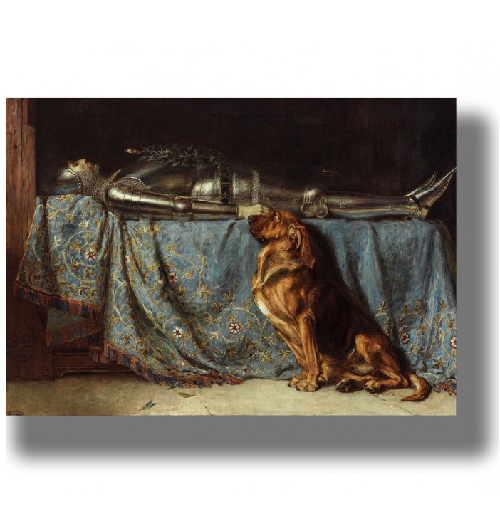Painting of a fallen knight in armor lying in death with a loyal dog beside him.