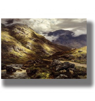 Rocky Scottish Highlands with a mountain stream, sheep and dark clouds casting shadows across the hills.