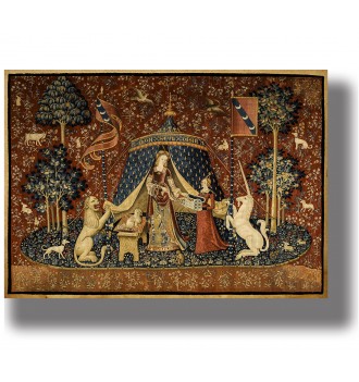 Medieval tapestry-style artwork showing a lady with a unicorn and a lion, surrounded by a millefleurs floral background.