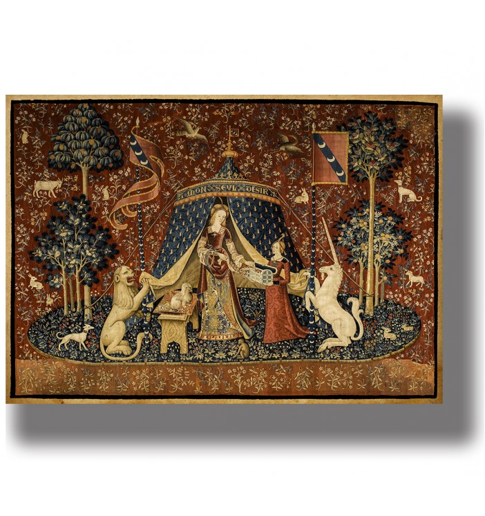 Medieval tapestry-style artwork showing a lady with a unicorn and a lion, surrounded by a millefleurs floral background.