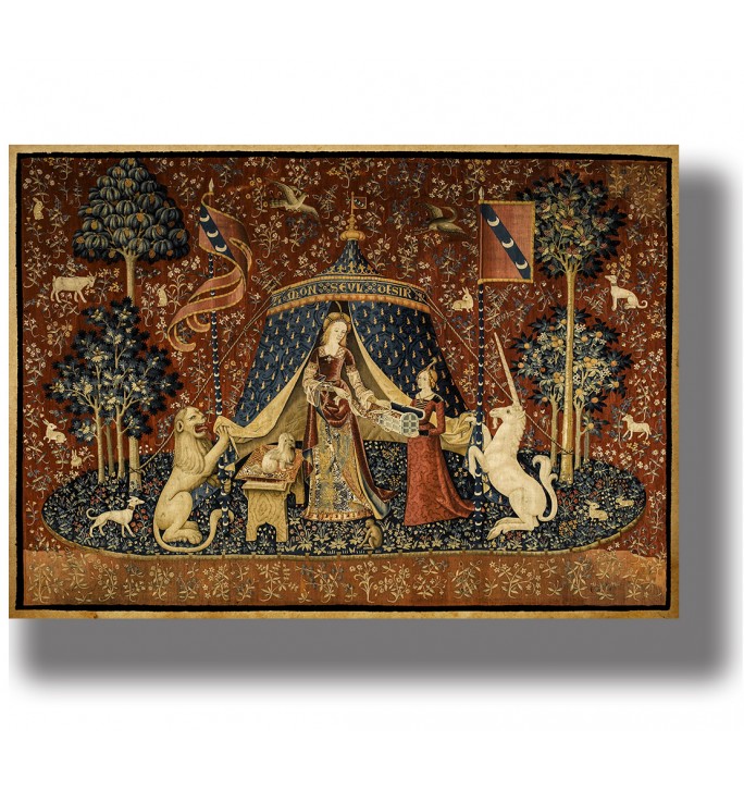 Medieval tapestry-style artwork showing a lady with a unicorn and a lion, surrounded by a millefleurs floral background.