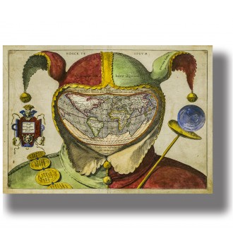 Antique “Fool’s Cap” world map with a jester hat and bells, vintage cartography illustration
