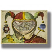 Antique “Fool’s Cap” world map with a jester hat and bells, vintage cartography illustration