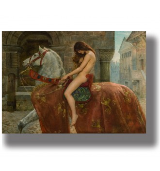 Lady Godiva riding a white horse through a medieval town, romantic historical painting.
