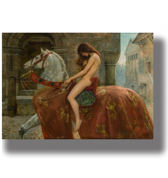 Lady Godiva riding a white horse through a medieval town, romantic historical painting.