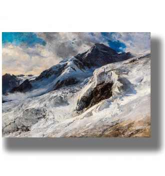 Rocky Lyskamm peak rising above a vast snow-covered glacier under dramatic clouds in the Alps.
