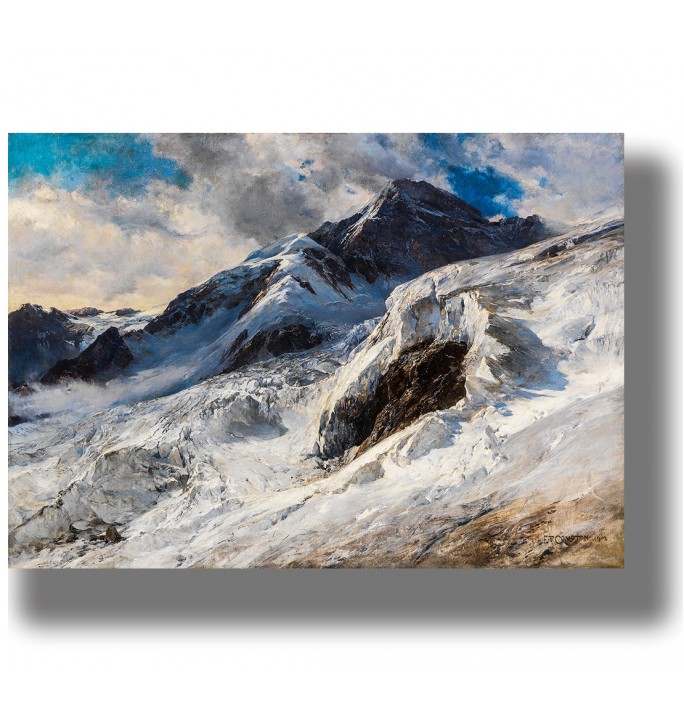Rocky Lyskamm peak rising above a vast snow-covered glacier under dramatic clouds in the Alps.