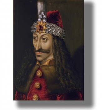 Portrait of Vlad Dracula in a red robe and jeweled hat, dark historical style.