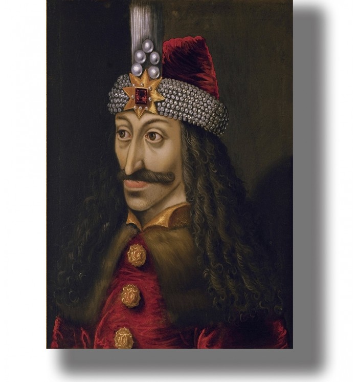 Portrait of Vlad Dracula in a red robe and jeweled hat, dark historical style.
