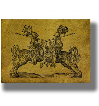 Old illustration showing two armored knights jousting on horseback with long lances.