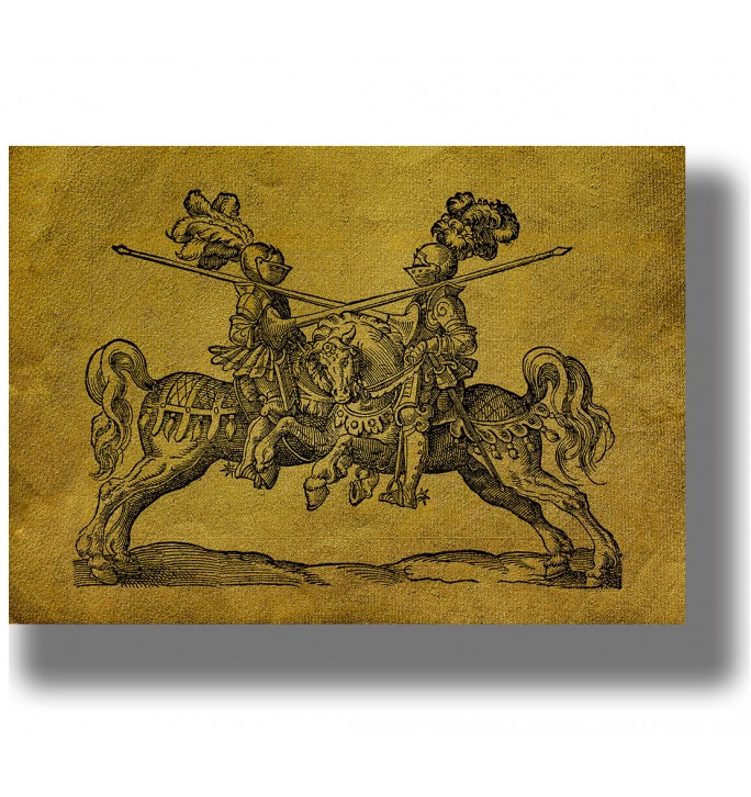 Old illustration showing two armored knights jousting on horseback with long lances.