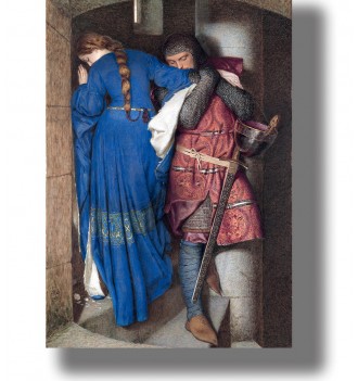 A Pre-Raphaelite scene: a woman in a long blue dress leans by a stone wall while a knight in chainmail embraces her.