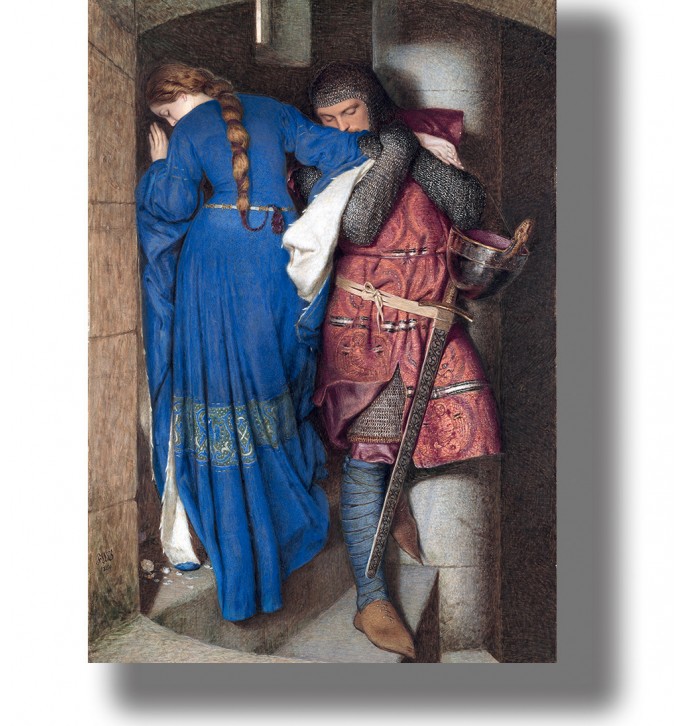 A Pre-Raphaelite scene: a woman in a long blue dress leans by a stone wall while a knight in chainmail embraces her.