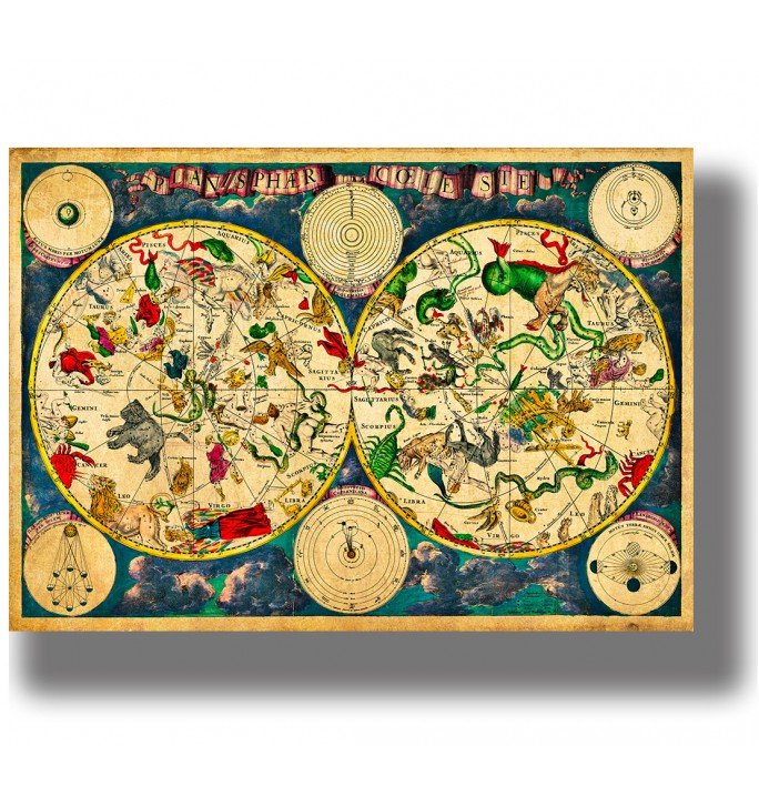 Antique celestial map with two star hemispheres, zodiac constellations and colorful astronomical diagrams on an aged background