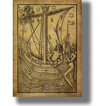 Old woodcut showing a man in a ship between God and Satan on a sea of sin and vice.