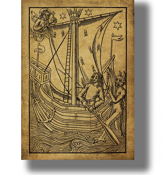 Old woodcut showing a man in a ship between God and Satan on a sea of sin and vice.