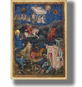 Medieval Bible illustration of the Four Horsemen of the Apocalypse with angels, stars, and a dark apocalyptic landscape.