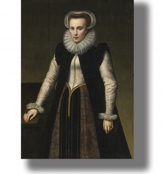 Dark historical portrait of Elizabeth Bathory in a black dress with a white ruff collar against a dark background.
