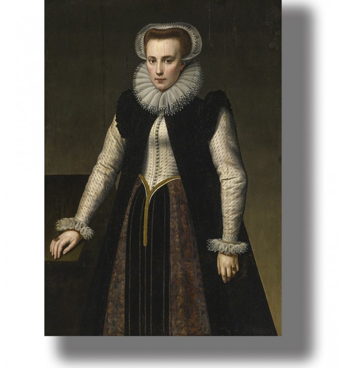 Dark historical portrait of Elizabeth Bathory in a black dress with a white ruff collar against a dark background.