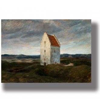 Lone white church tower with a red roof standing among windswept dunes beneath a wide cloudy sky in Skagen, Denmark.