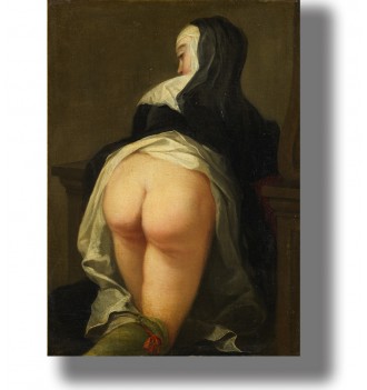 Provocative vintage painting of a nun turned away, rococo style erotic art.