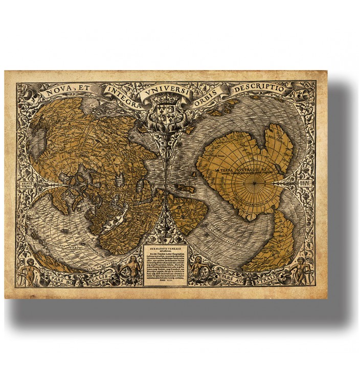 Antique world map showing northern and southern polar hemispheres in two heart-shaped projections with ornate borders