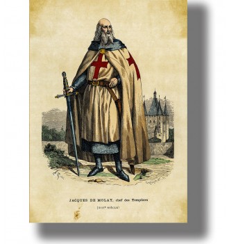 Jacques de Molay in Templar robes with a sword, shown in a medieval-style historical illustration.