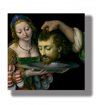 Salome holding a platter with the head of Saint John the Baptist while an executioner lifts his hair.