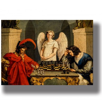 Mephistopheles in red and Faust at a chessboard, with an angel standing behind them in a symbolic scene.