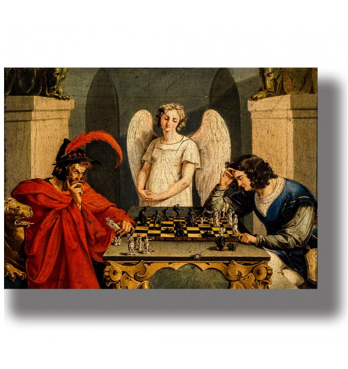 Mephistopheles in red and Faust at a chessboard, with an angel standing behind them in a symbolic scene.