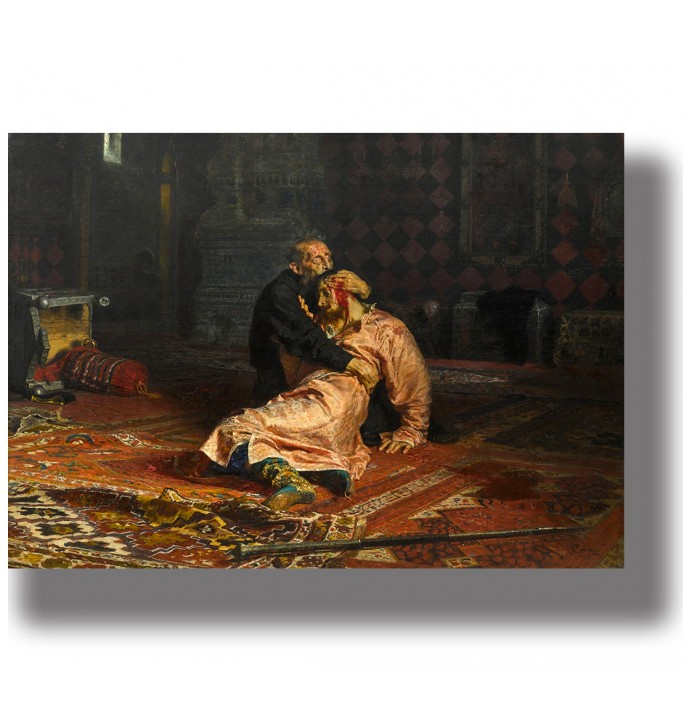 Dramatic historical painting showing Ivan the Terrible holding his wounded son in a dark interior
