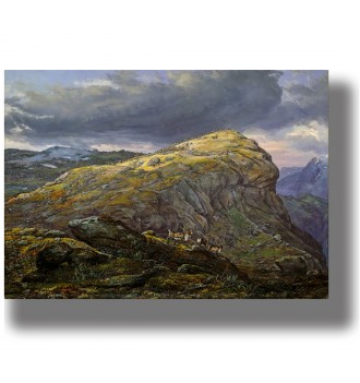 Rocky Norwegian mountain landscape with reindeer on the slopes beneath a dramatic cloudy sky.