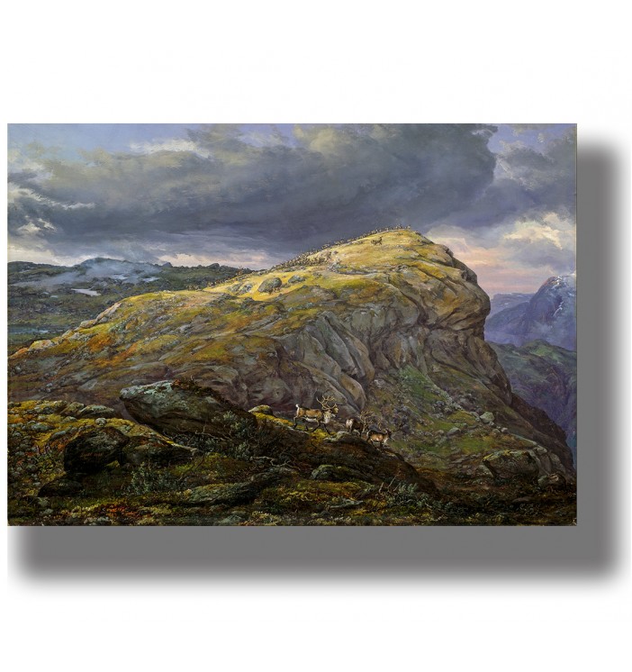 Rocky Norwegian mountain landscape with reindeer on the slopes beneath a dramatic cloudy sky.