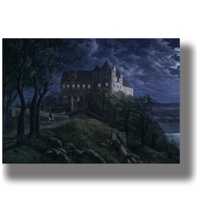 Night view of a castle on a hill with glowing windows, trees, and a dark starry sky.