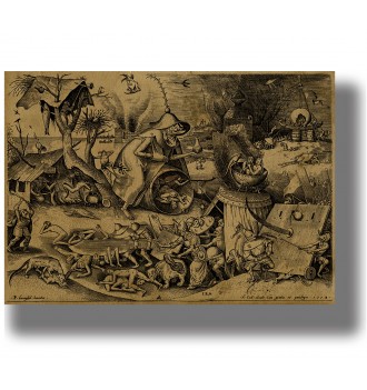 Old engraving showing the allegory of Wrath in a chaotic scene with fighting people, demons, and strange creatures.