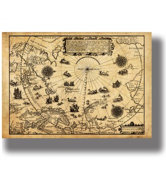 Antique map of the North Pole with Arctic coastlines, sailing ships, compass roses and sea monsters on aged paper