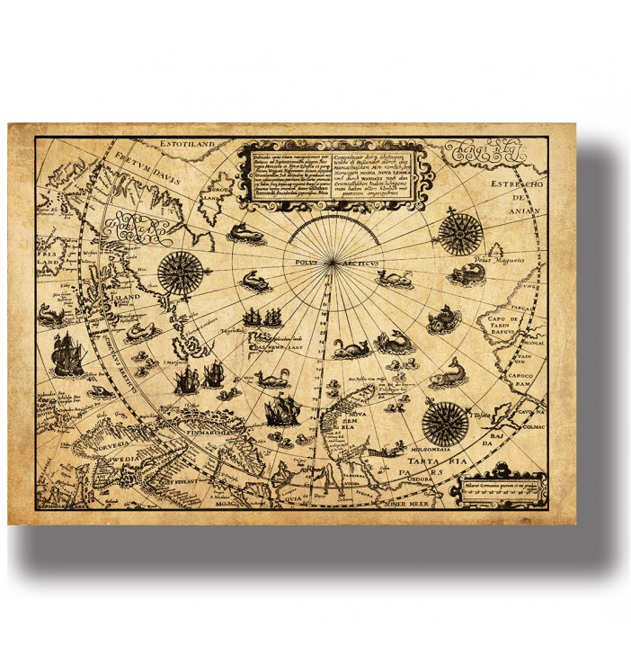 Antique map of the North Pole with Arctic coastlines, sailing ships, compass roses and sea monsters on aged paper