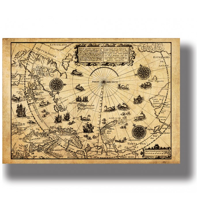 Antique map of the North Pole with Arctic coastlines, sailing ships, compass roses and sea monsters on aged paper