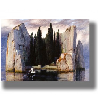Arnold Böcklin painting of a rocky island with tall cypress trees and a small boat approaching in calm water.