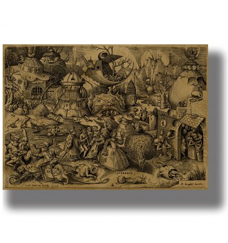 Old engraving showing the figure of Pride with a mirror, a peacock, demons, and strange buildings.
