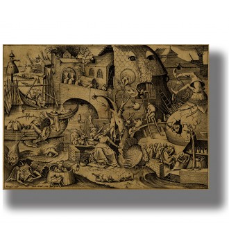Old engraving showing the allegory of Envy surrounded by demons, strange creatures, and chaotic scenes.